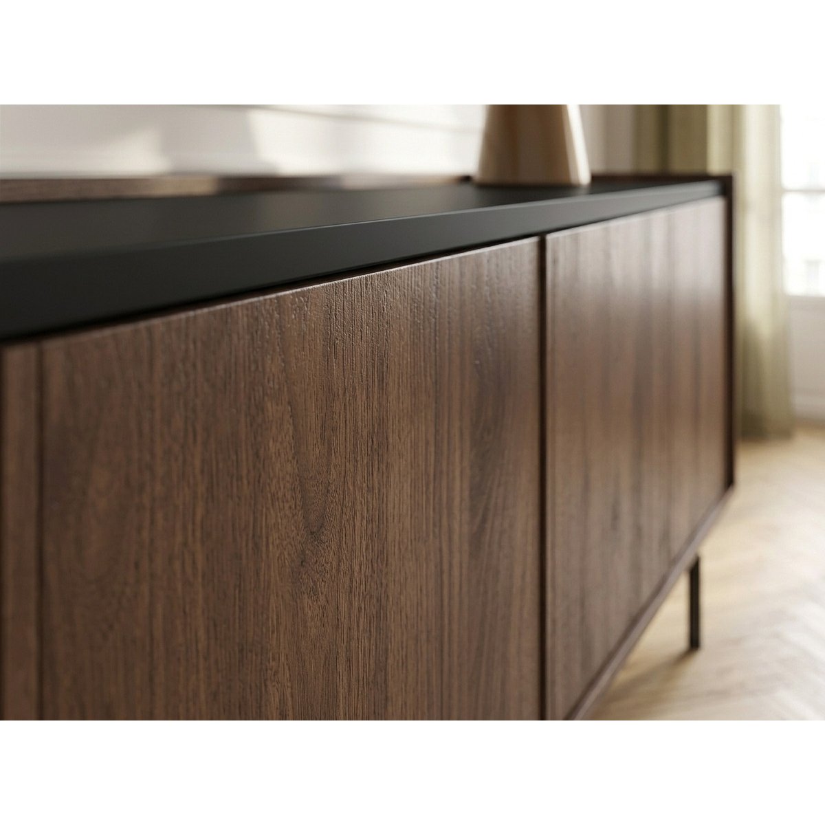 Buffet bas en 4 portes 200 cm, FREDA noir et noyer, BOBOCHIC