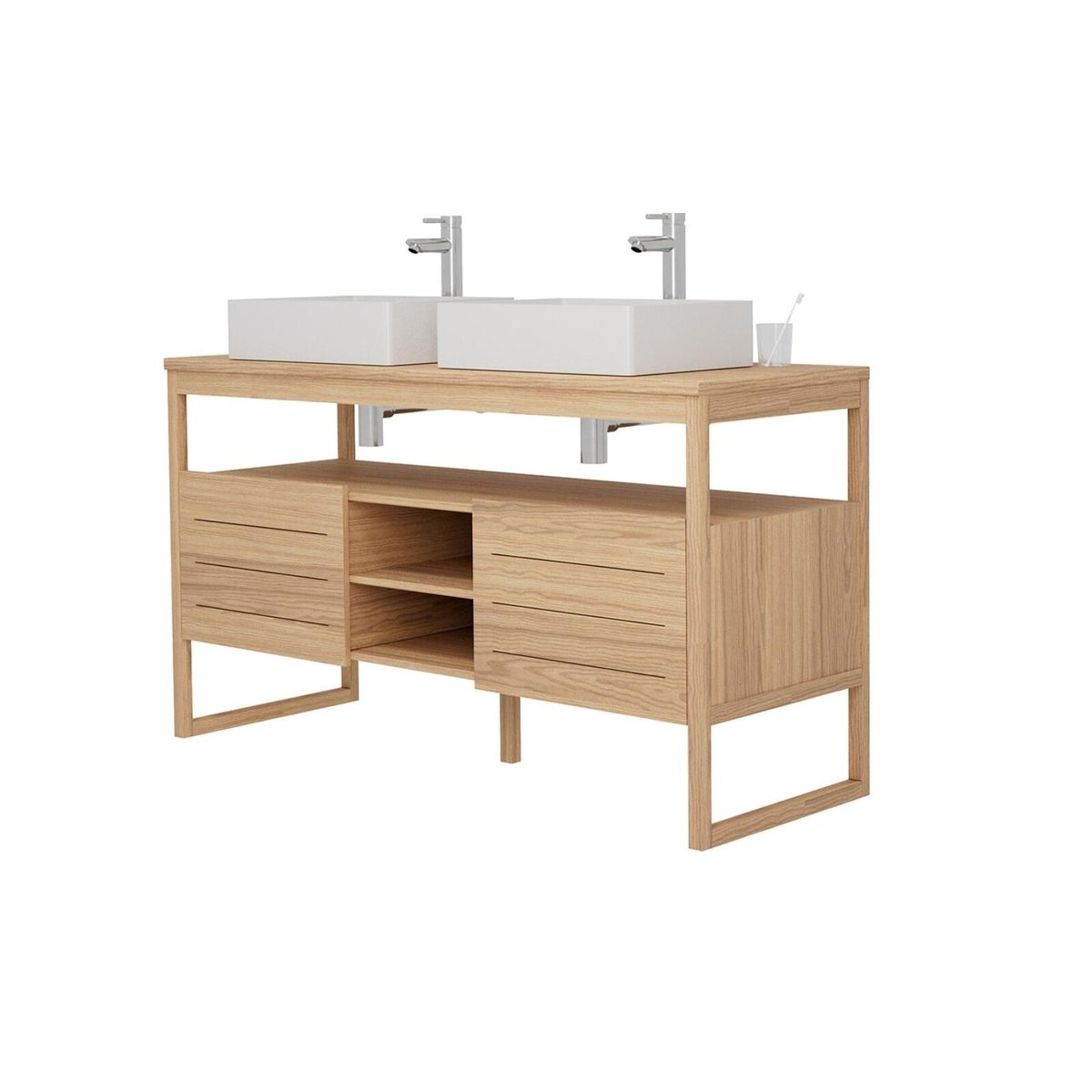 Ensemble meuble double vasque 140 cm + Vasques + Robinets ATOLL chêne, MOB IN