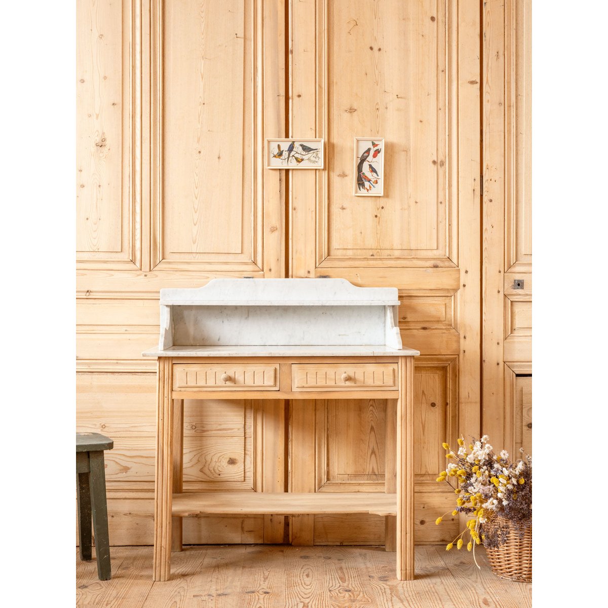 Coiffeuse en bois et marbre Louise N°331 - Bon état bois clair, DEBONGOUT