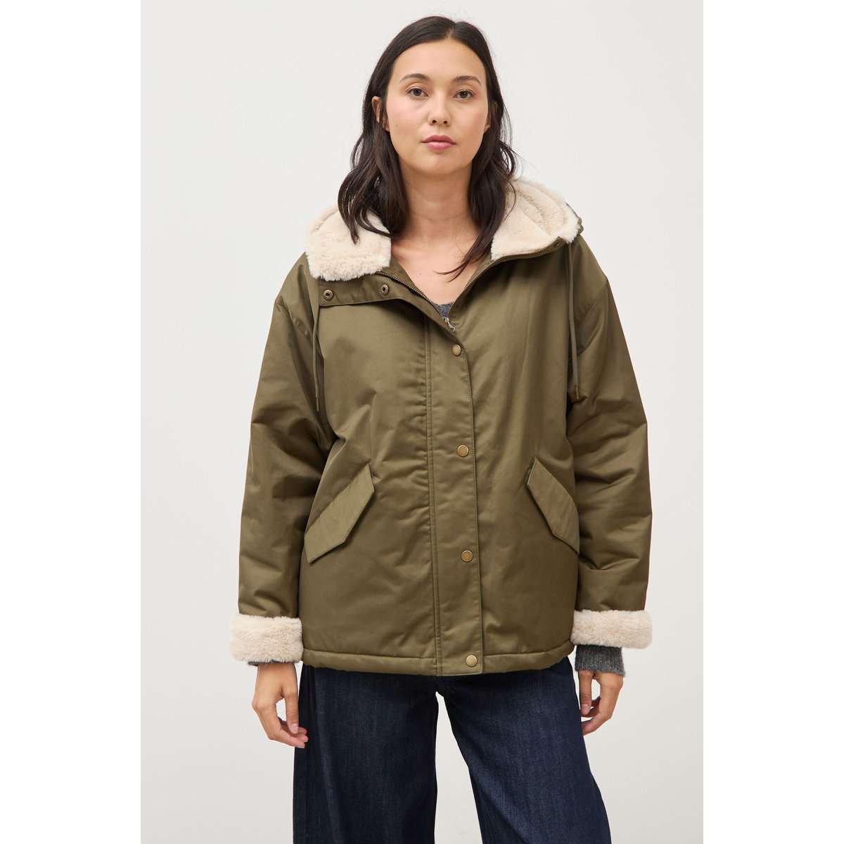 Parka oversize courte à capuche vert kaki, BONOBO