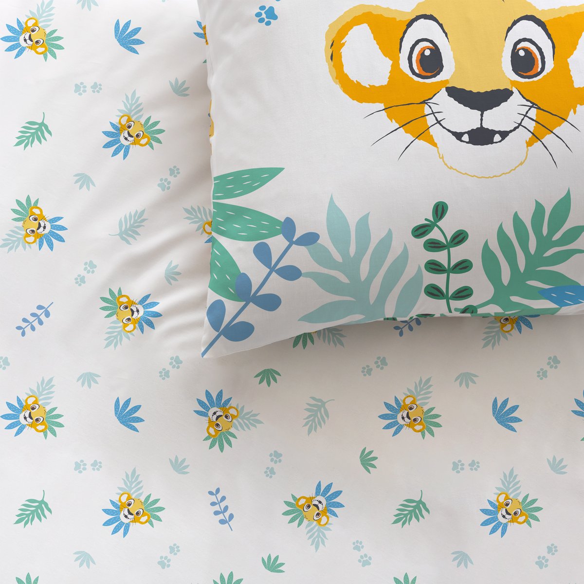 Parure de lit imprimée 100% coton, THE LION KING SIMBA blanc, jaune, DISNEY LE ROI LION
