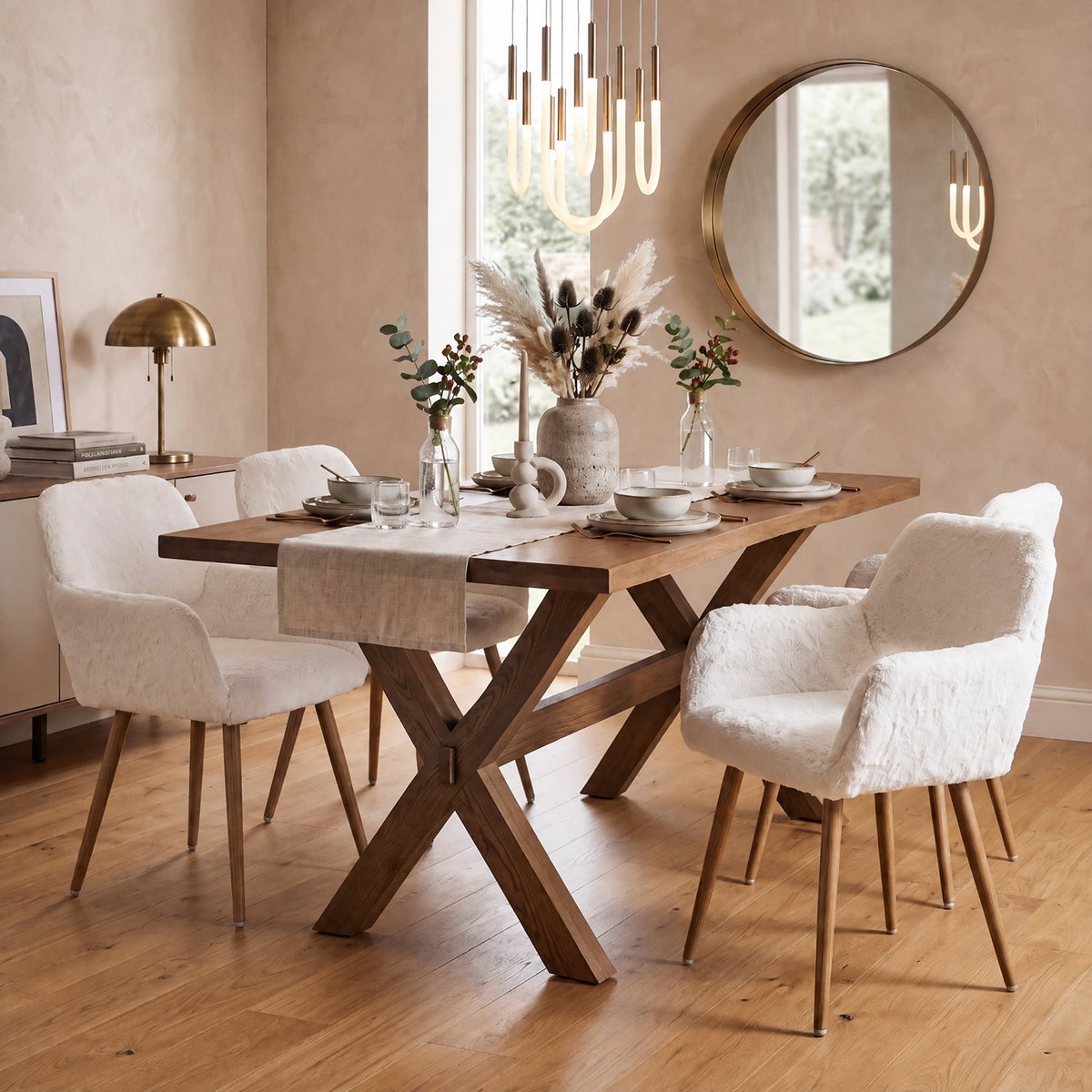 Lot de 4 chaises de salle à manger fauteuil scandinaves en tissu effet poil de lapin, CROMWELL PELUCHE blanc, MEUBLES COSY