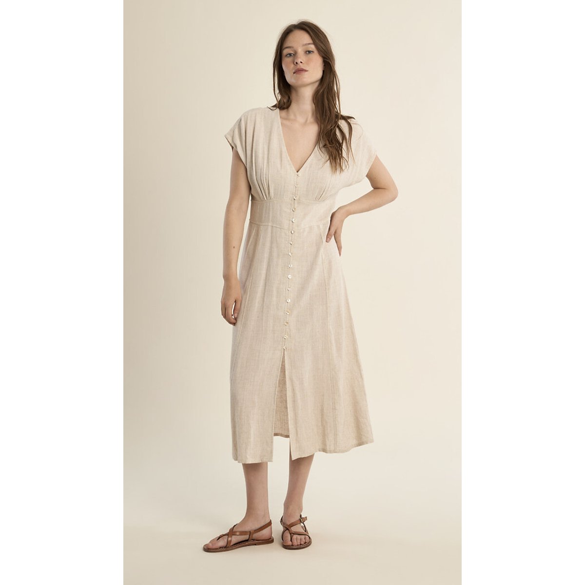 Robe longue manches courtes col V beige, MOLLY BRACKEN