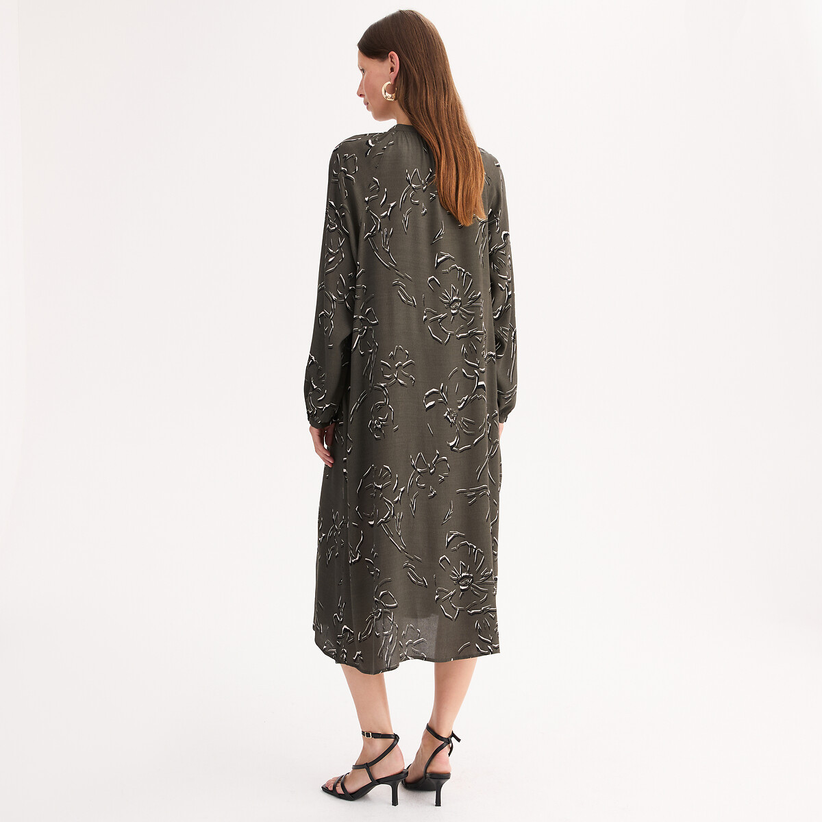 Maxi Shift Dress with Floral Print khaki, ANNE WEYBURN