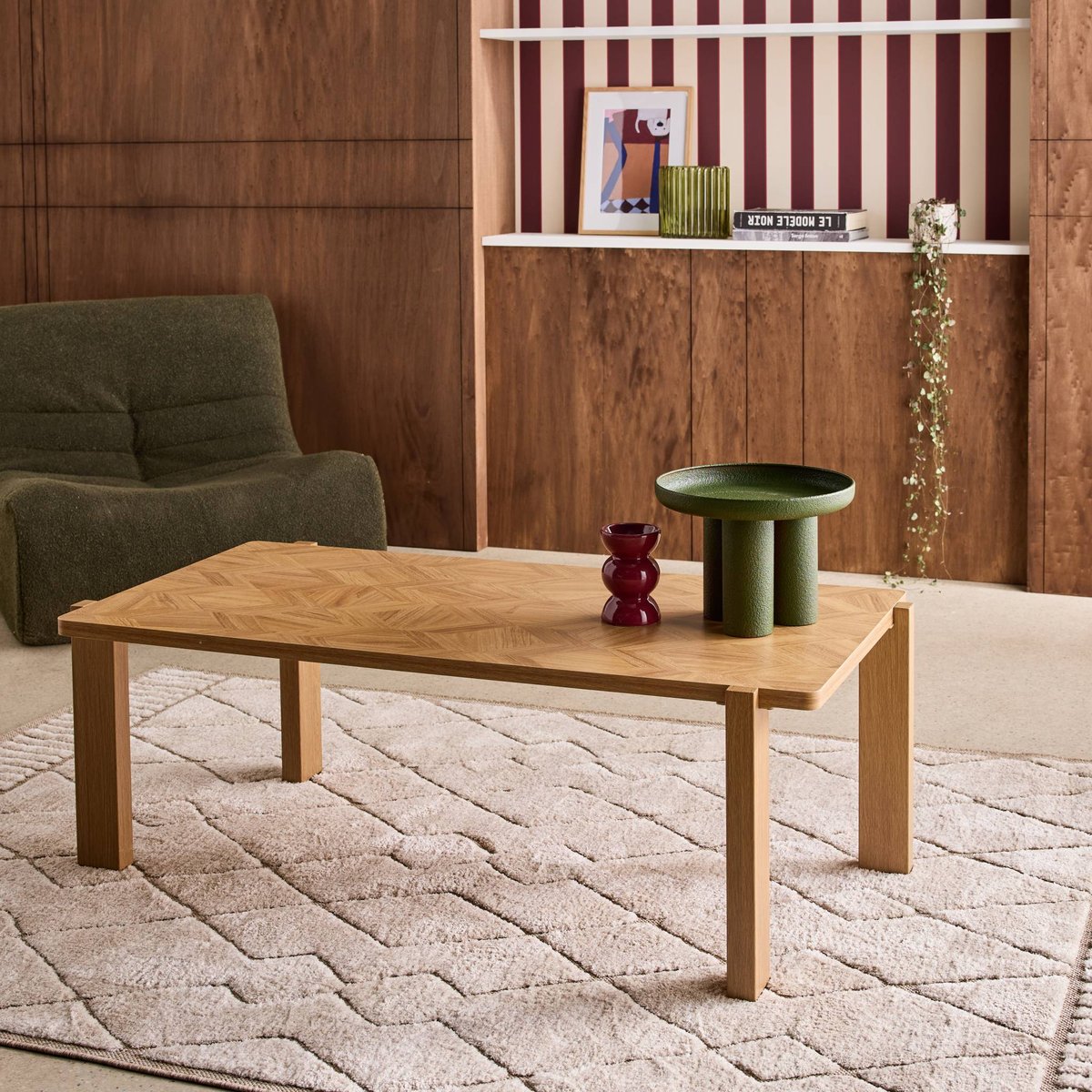Table basse vintage rectangulaire décor bois plateau effet chevrons  ZALA naturel, SWEEEK