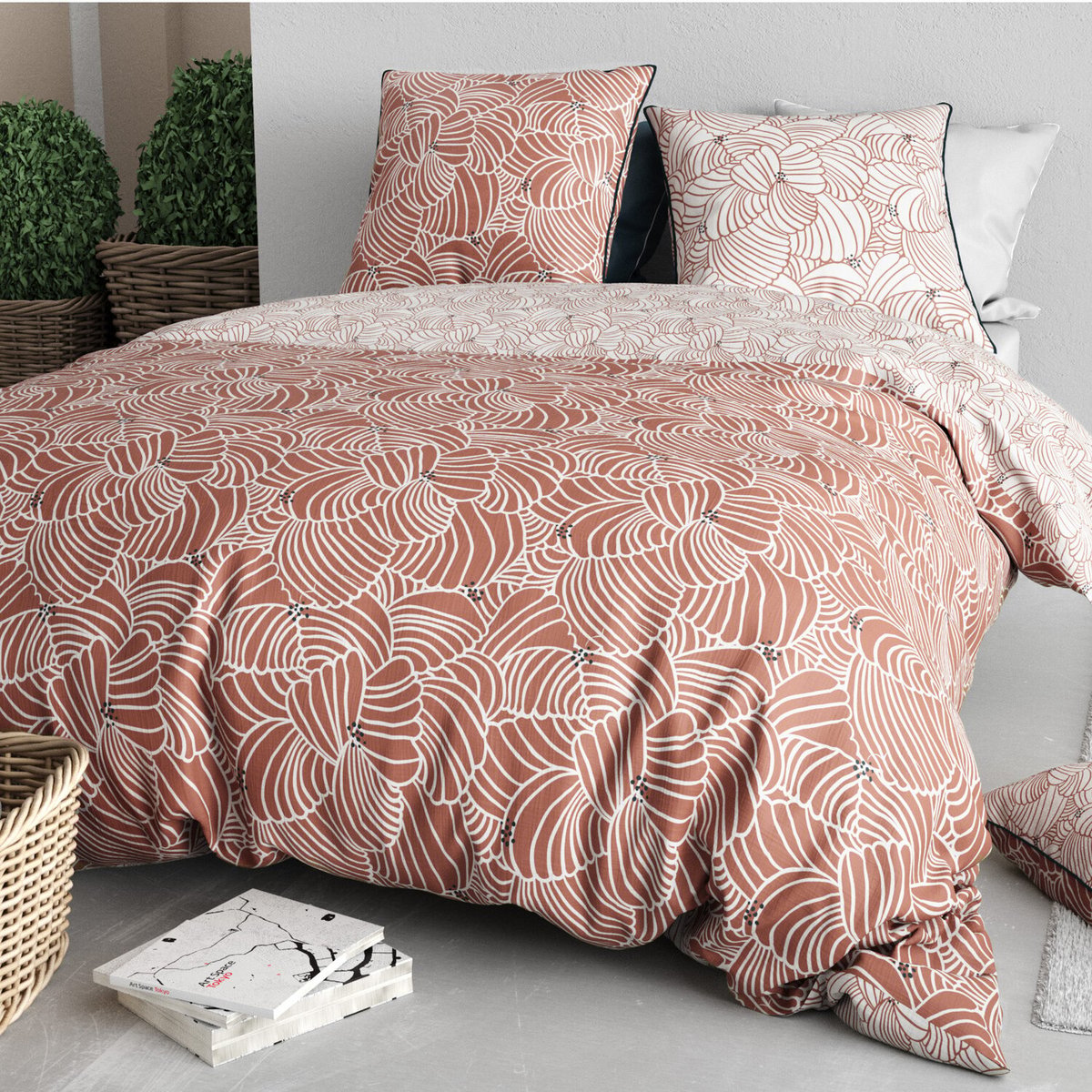 Parure housse de couette en coton imprimée, Mimosa blanc, C DESIGN HOME TEXTILE