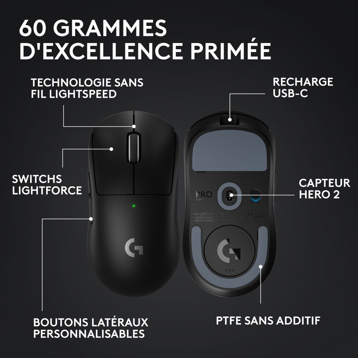 Souris Gamer Sans Fil G PRO X SUPERLIGHT 2 LIGHTSPEED Noir couleur unique, LOGITECH