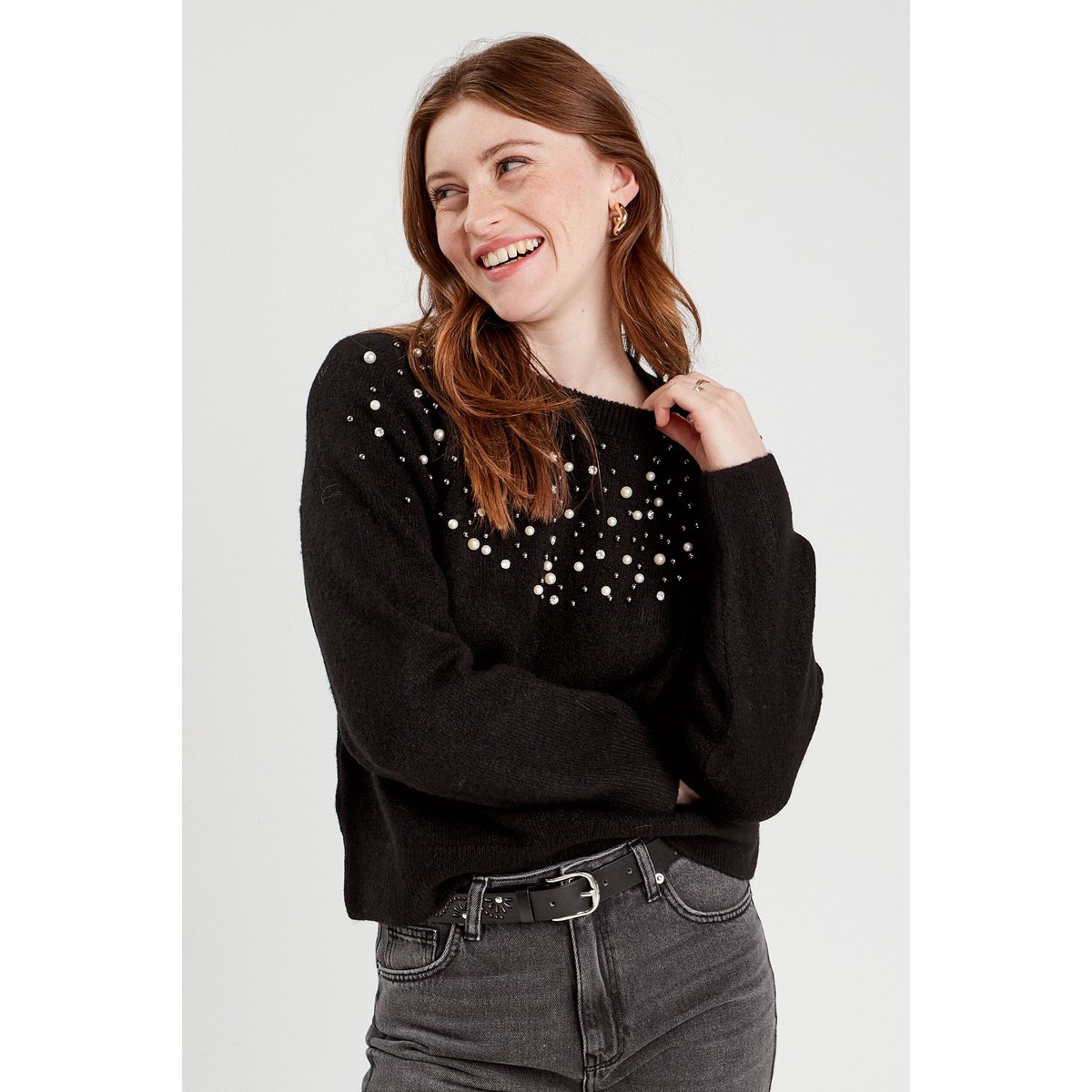 Pull perles et détails bijoux noir, CACHE CACHE