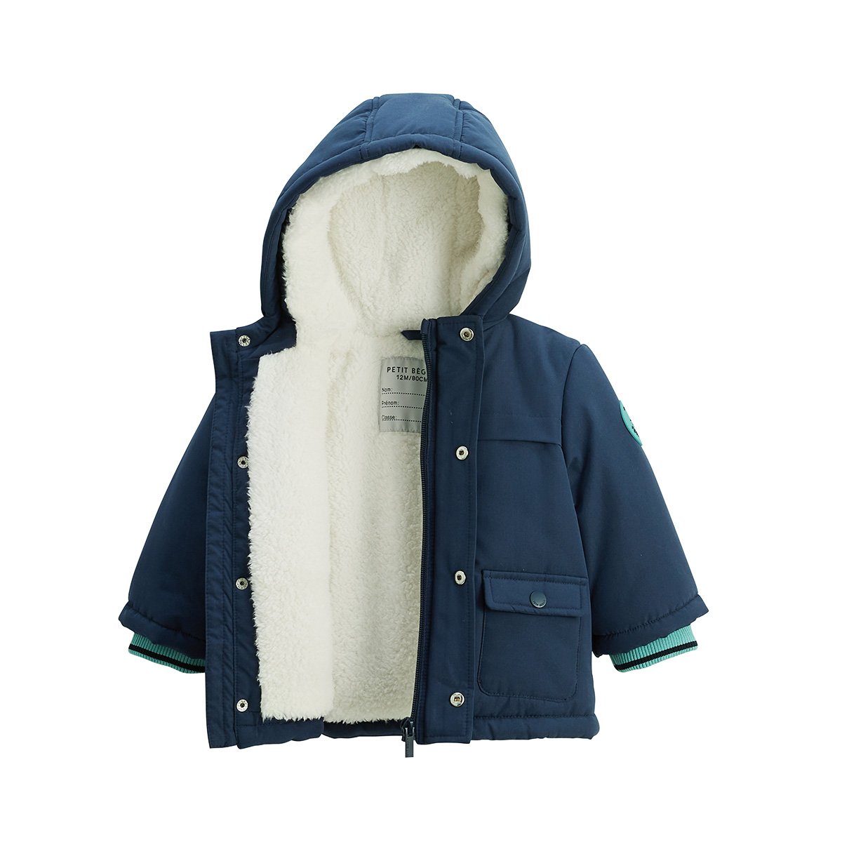Manteau enfant imperméable doublé sherpa avec capuche Oscar bleu, PETIT BEGUIN