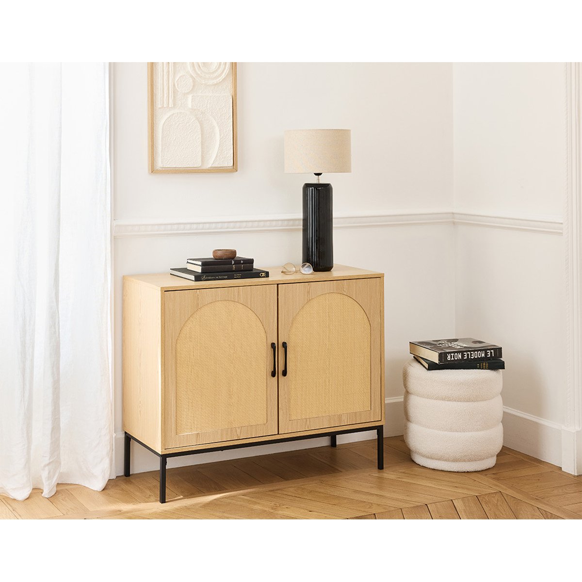 Buffet bas cannage et effet bois 2 portes, NAGATO bois / noir, BEST MOBILIER