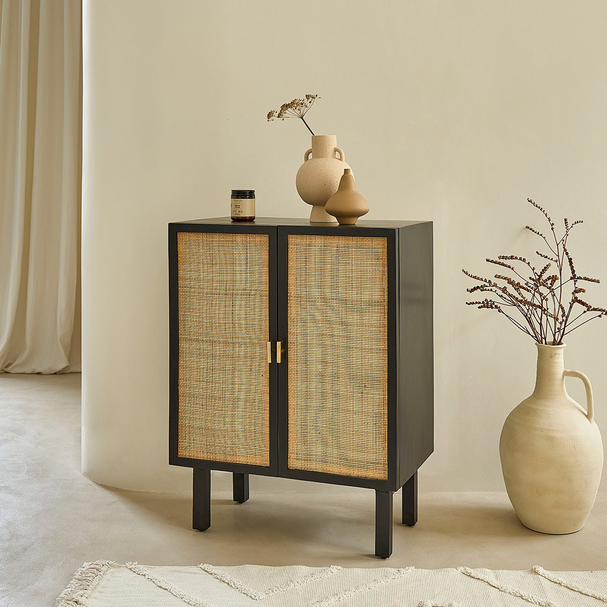 Buffet en bois massif et cannage 68 cm 2 portes BLAISE noir, BERAH GETAH