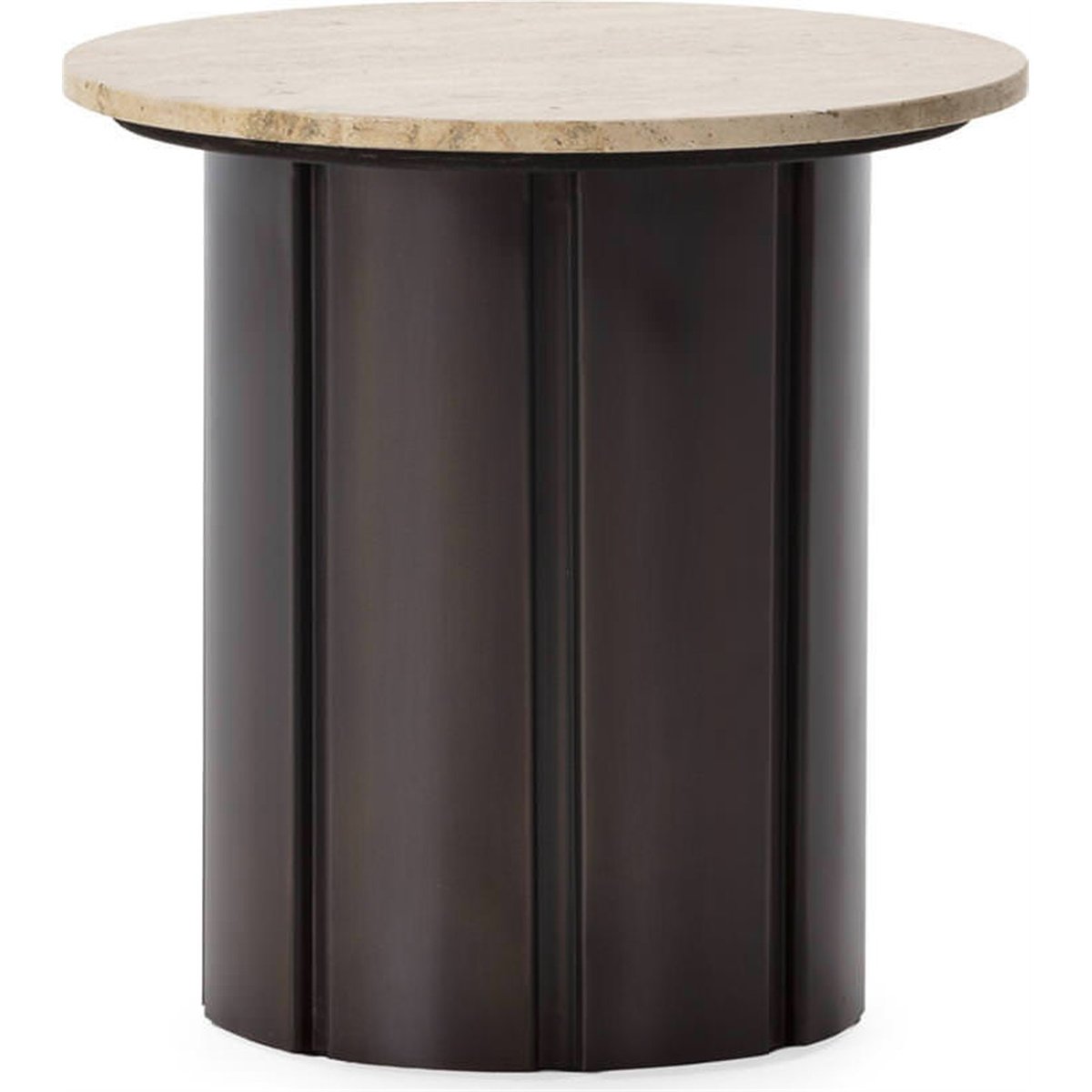 Table à café ronde en travertin et métal bronze vieilli et crème, RECOLLECTION