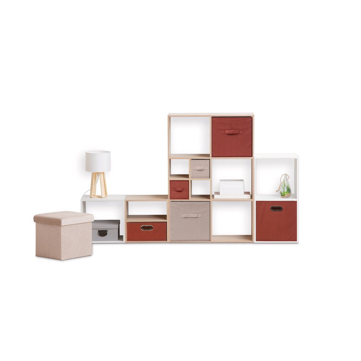 Lot de 2 boites de rangement carrées en tissu MIX'N MODUL rouge, TOILINUX