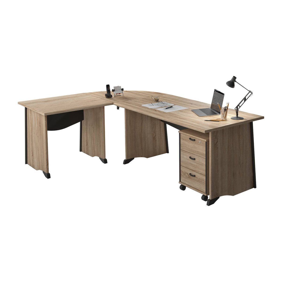 Bureau complet + caisson - GREGORY - Largeur 160 cm bois clair, CAMIF