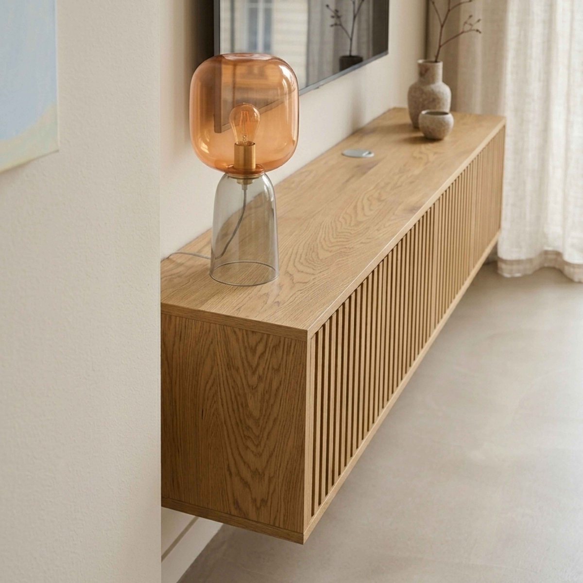 Meuble TV suspendu effet bois clair 160 cm style scandinave, IVY bois clair, OVIALA