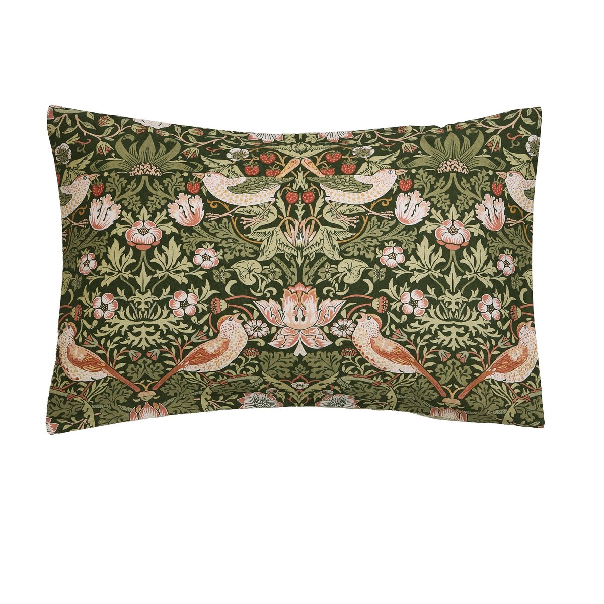 Parure de lit, housse de couette fleurie + 2 taies pour lit en 140 Oiseaux et fraisiers vert, ocre, orangé, WILLIAM MORRIS AT HOME