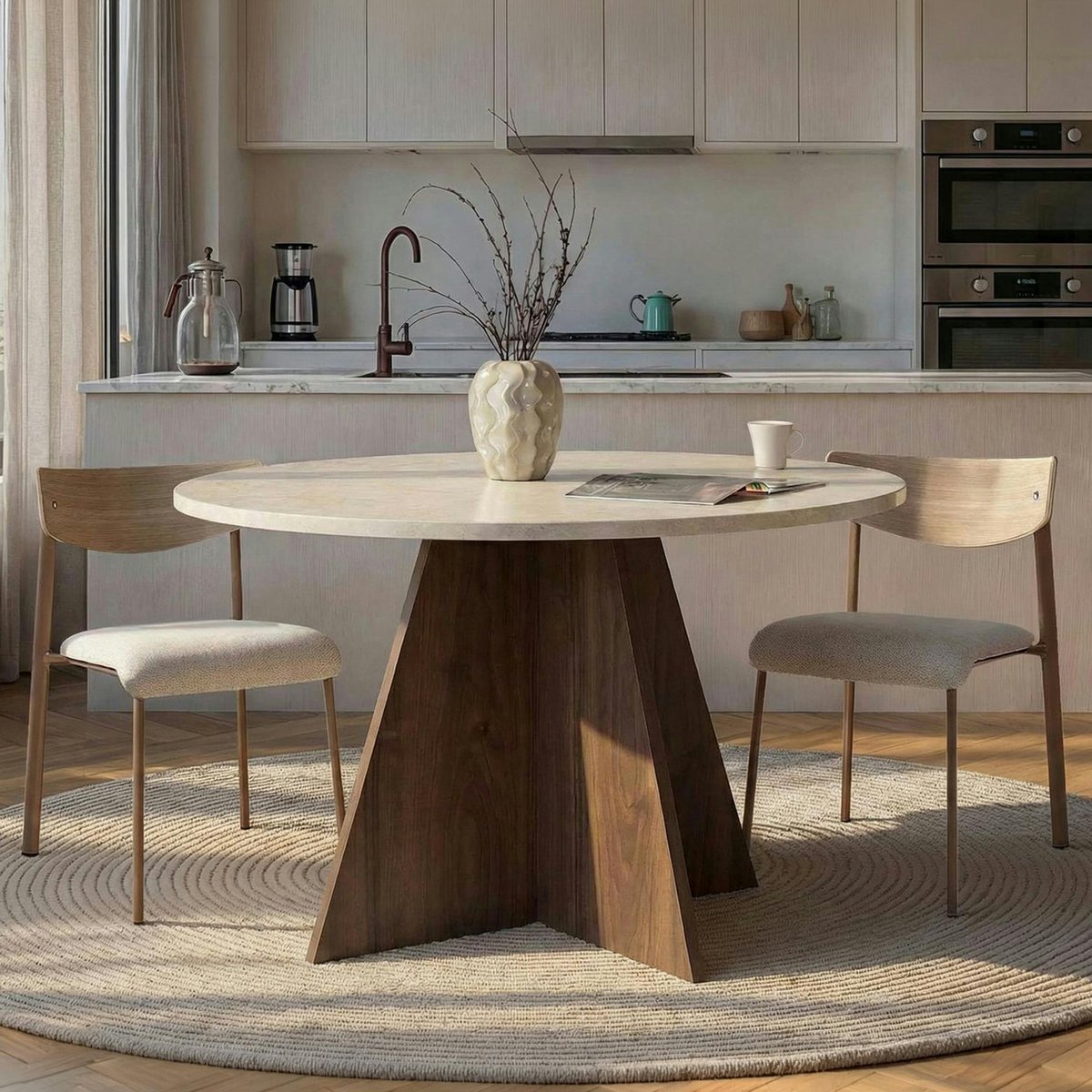 Table ronde moderne pied trapèze MARFA travertin / noyer, PIER IMPORT