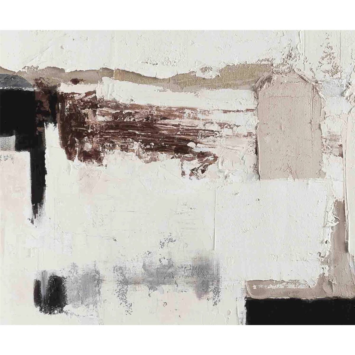 Tableau abstrait rectangulaire sur toile blanc beige touches de noir et marron, RECOLLECTION