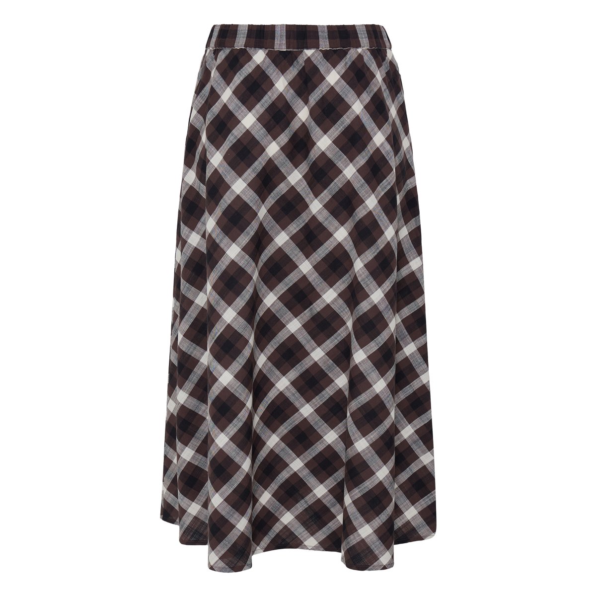 Jupe midi, silhouette évasée, ceinture élastiquée marron java check, B.YOUNG