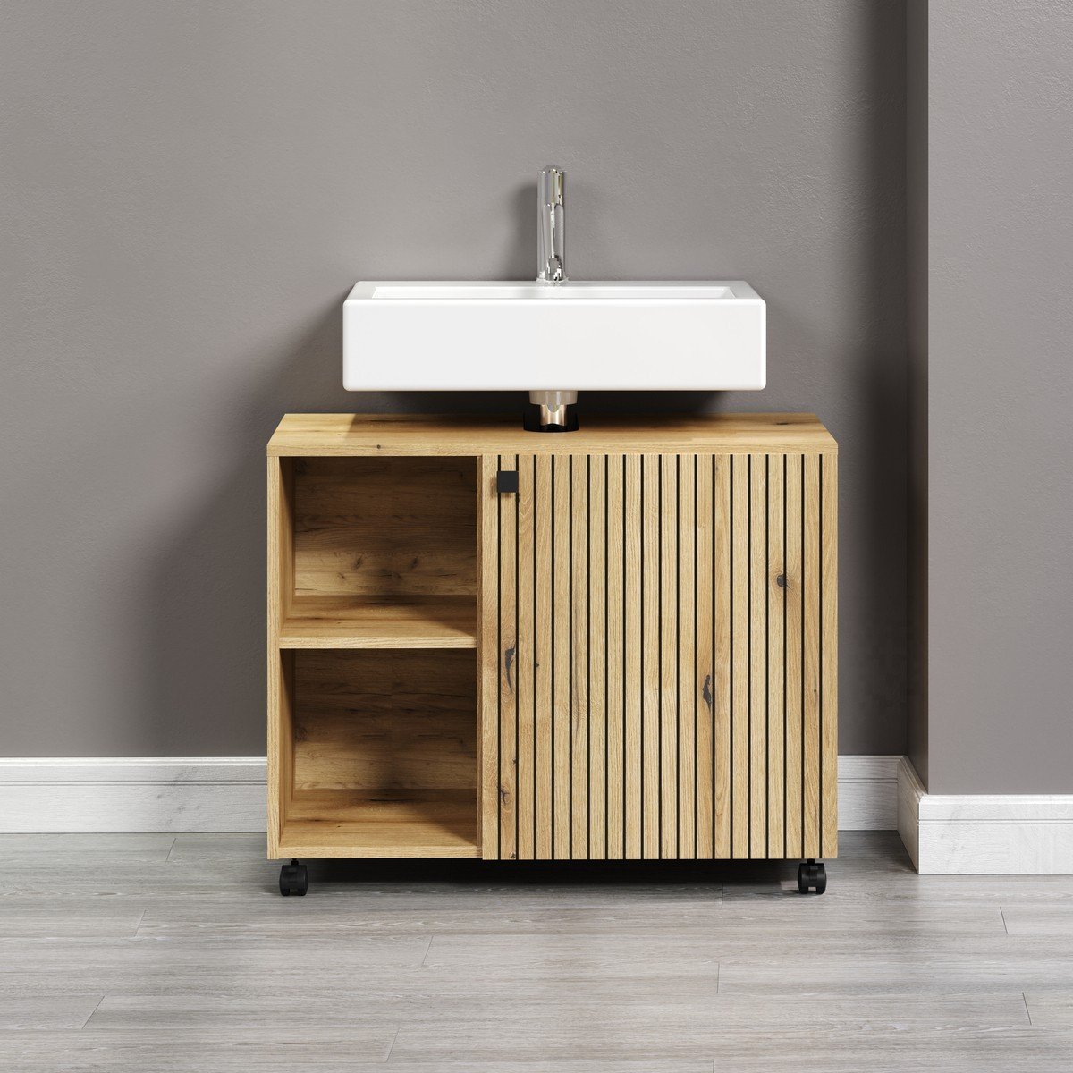 Meuble sous vasque sur roulettes 1 porte et 2 niches L80 cm - PUREBLISS chêne blond et noir mat, CALICOSY