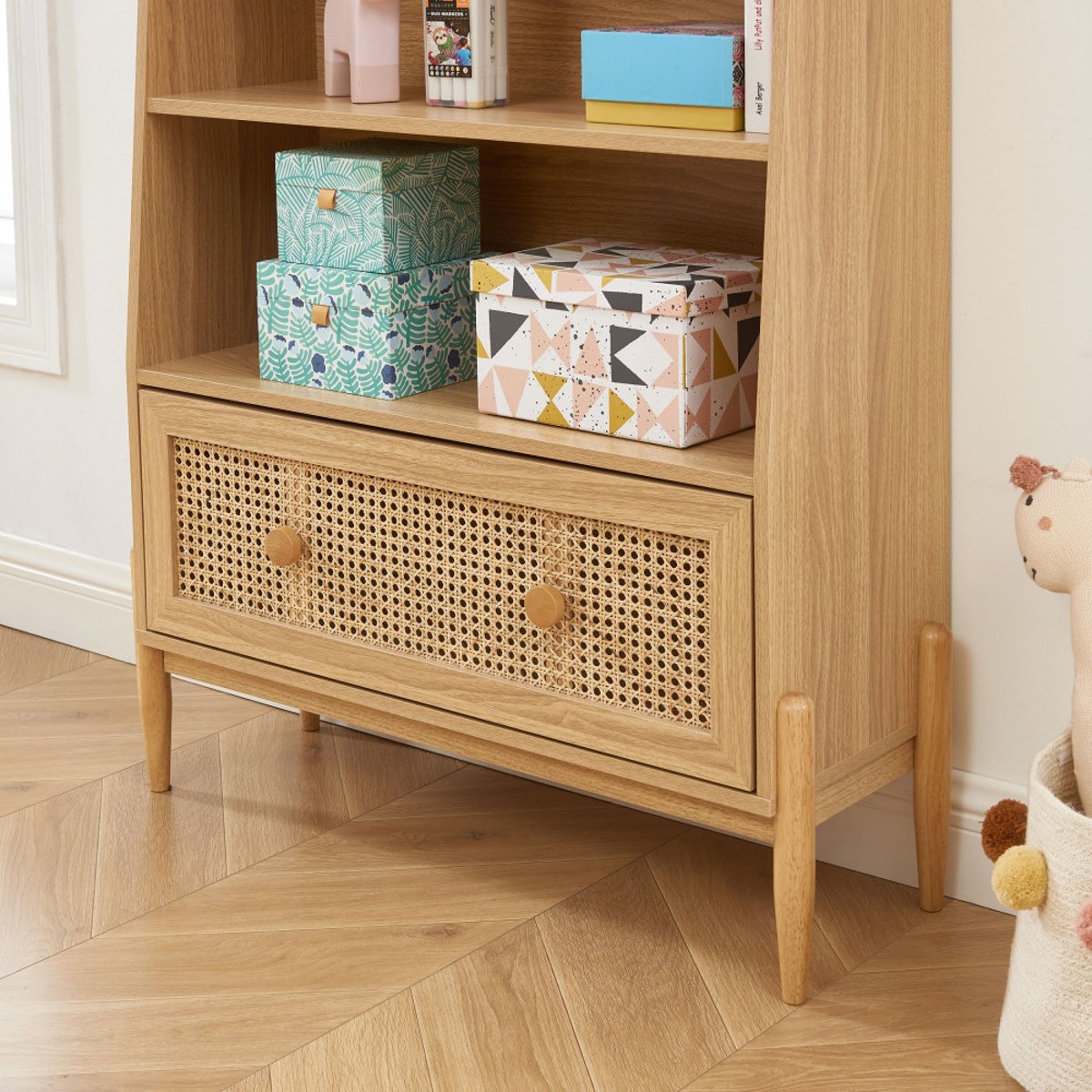Bibliothèque enfant en bois et cannage H140cm- LILOU bois clair, DRAWER