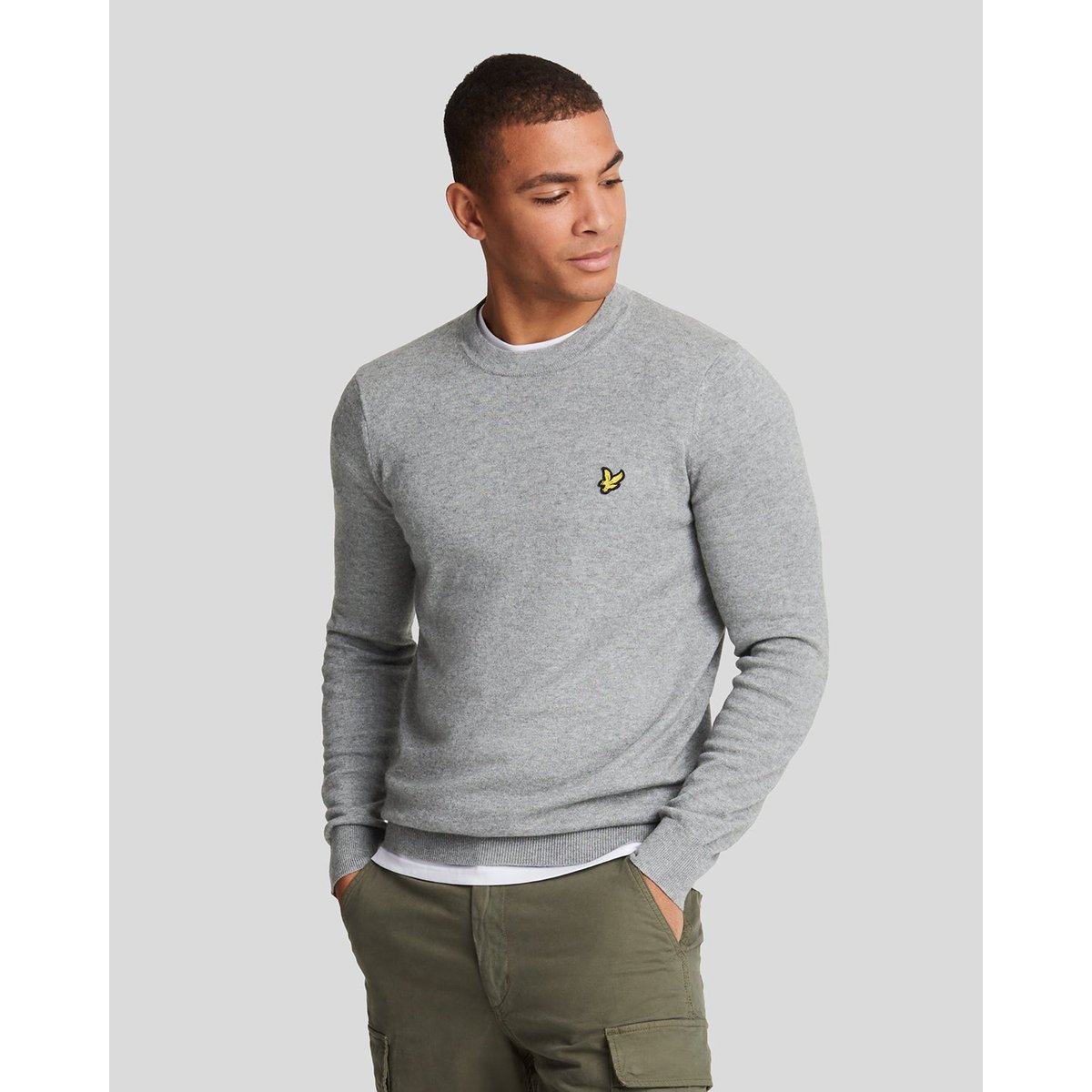 Pull en coton mérinos col rond gris moyen chiné, LYLE & SCOTT