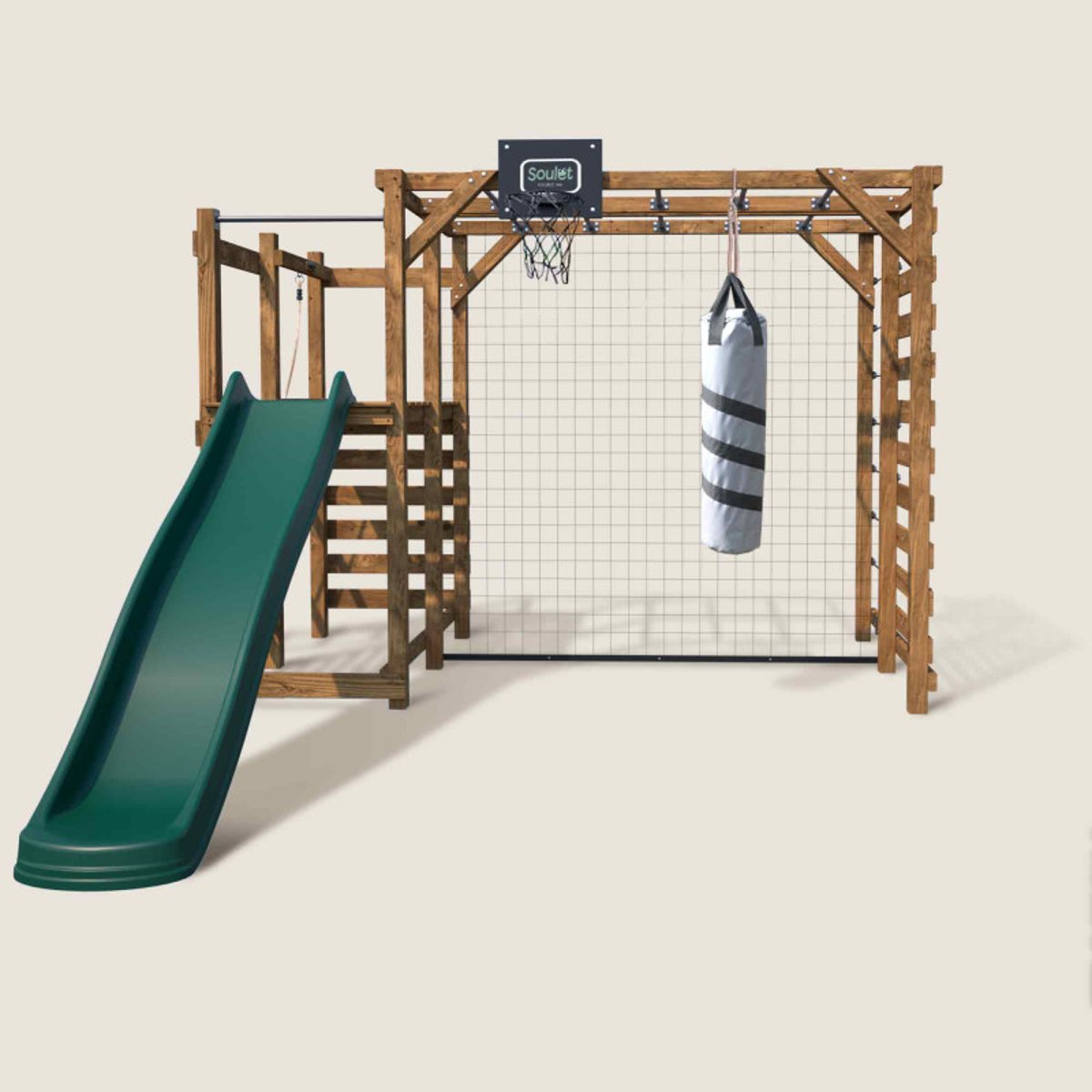 Aire de jeux multisport en bois avec toboggan ACHILLE marron, SOULET
