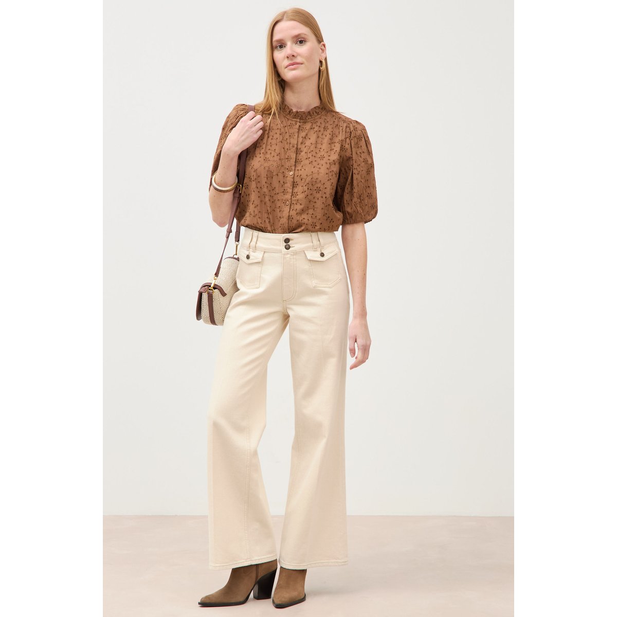 Chemise en coton manches coude marron, BONOBO