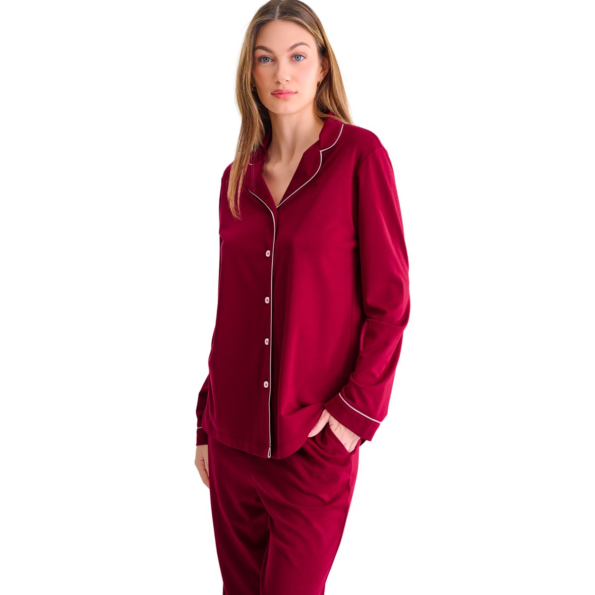 Pyjama pantalon chemise manches longues TARA rouge, LISCA