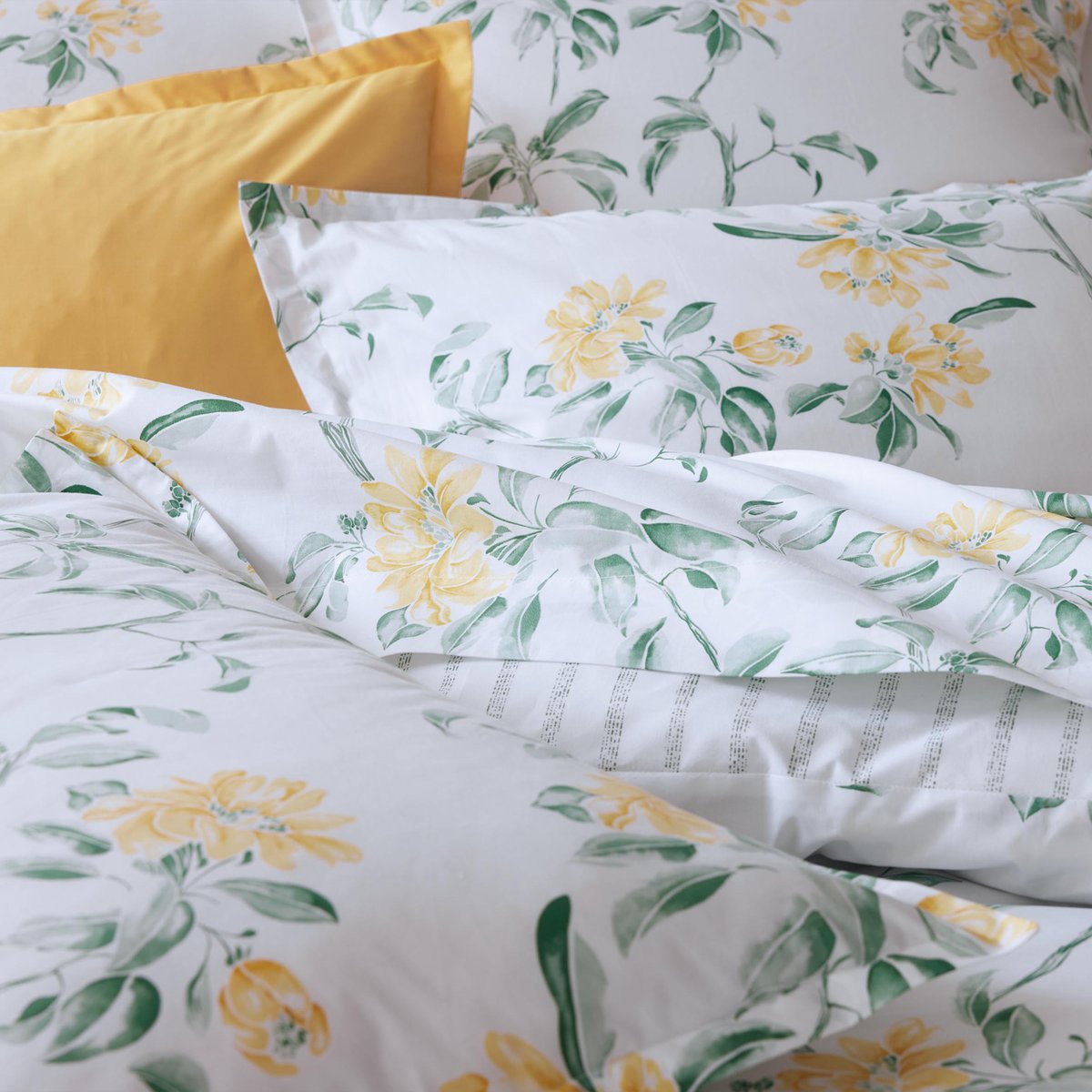 Taie de traversin percale de coton floral vert, TRADILINGE