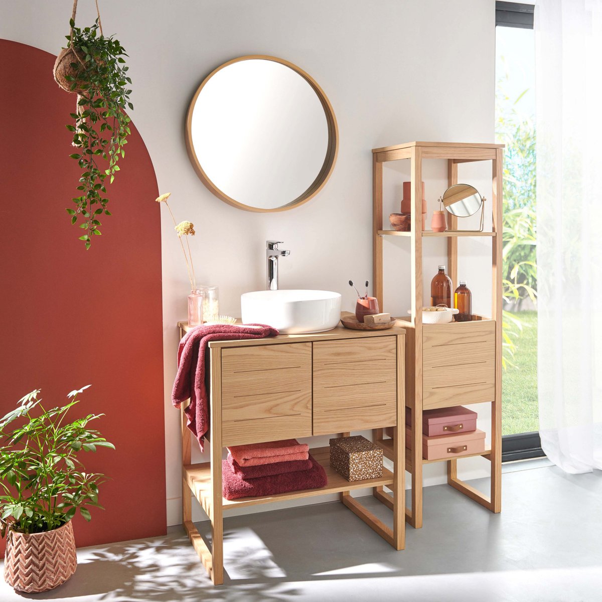 Meuble simple +vasque +miroir +colonne ATOLL bois clair, MOB IN