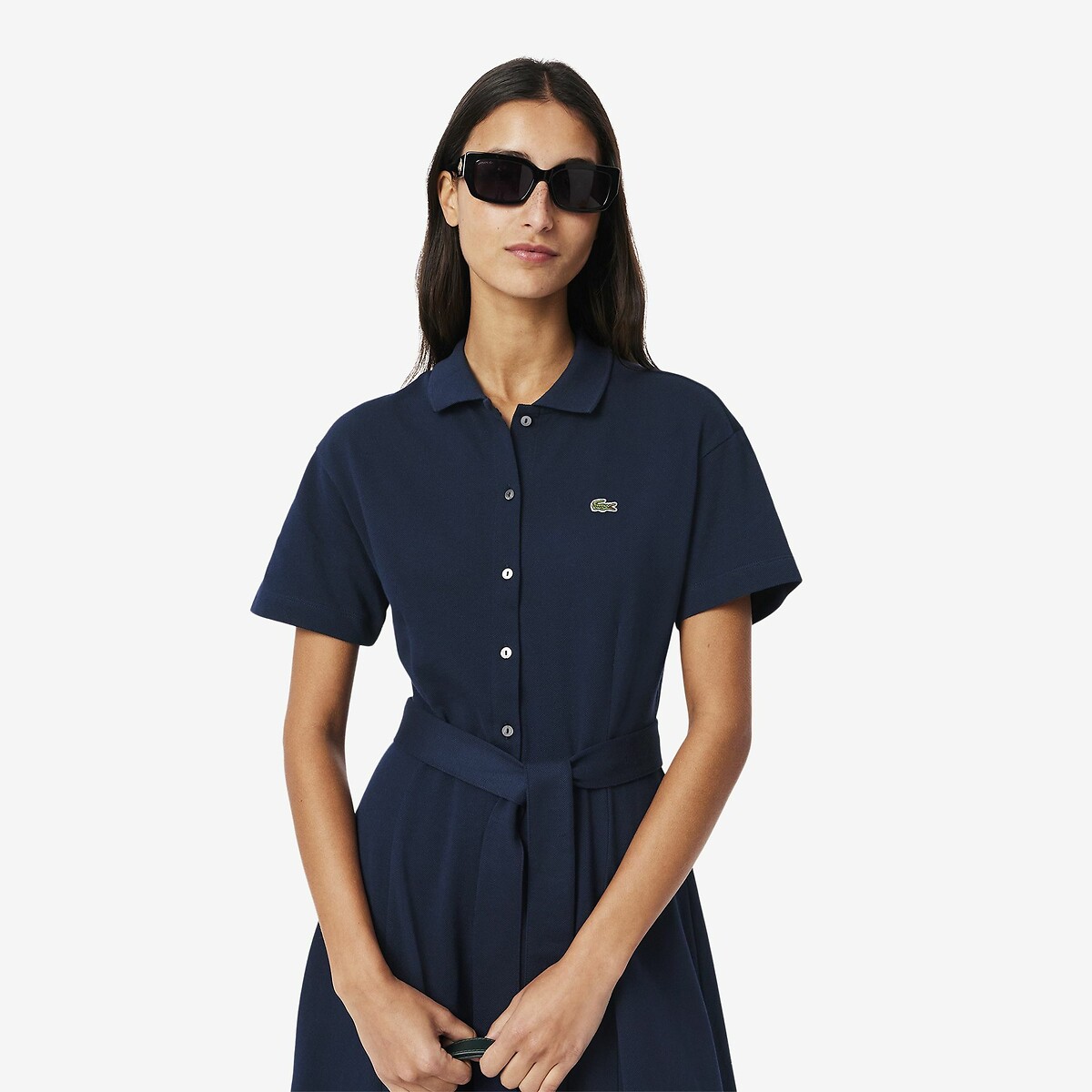 Vestido polo acampanado de manga corta azul marino, LACOSTE