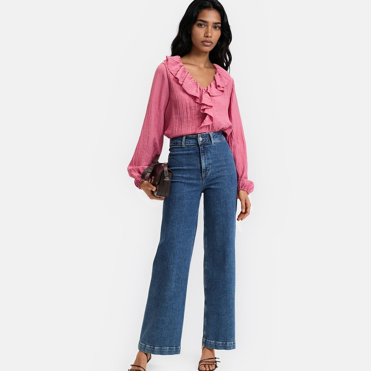 Ruffled Long Sleeve V-Neck Blouse dusty pink, LA REDOUTE COLLECTIONS