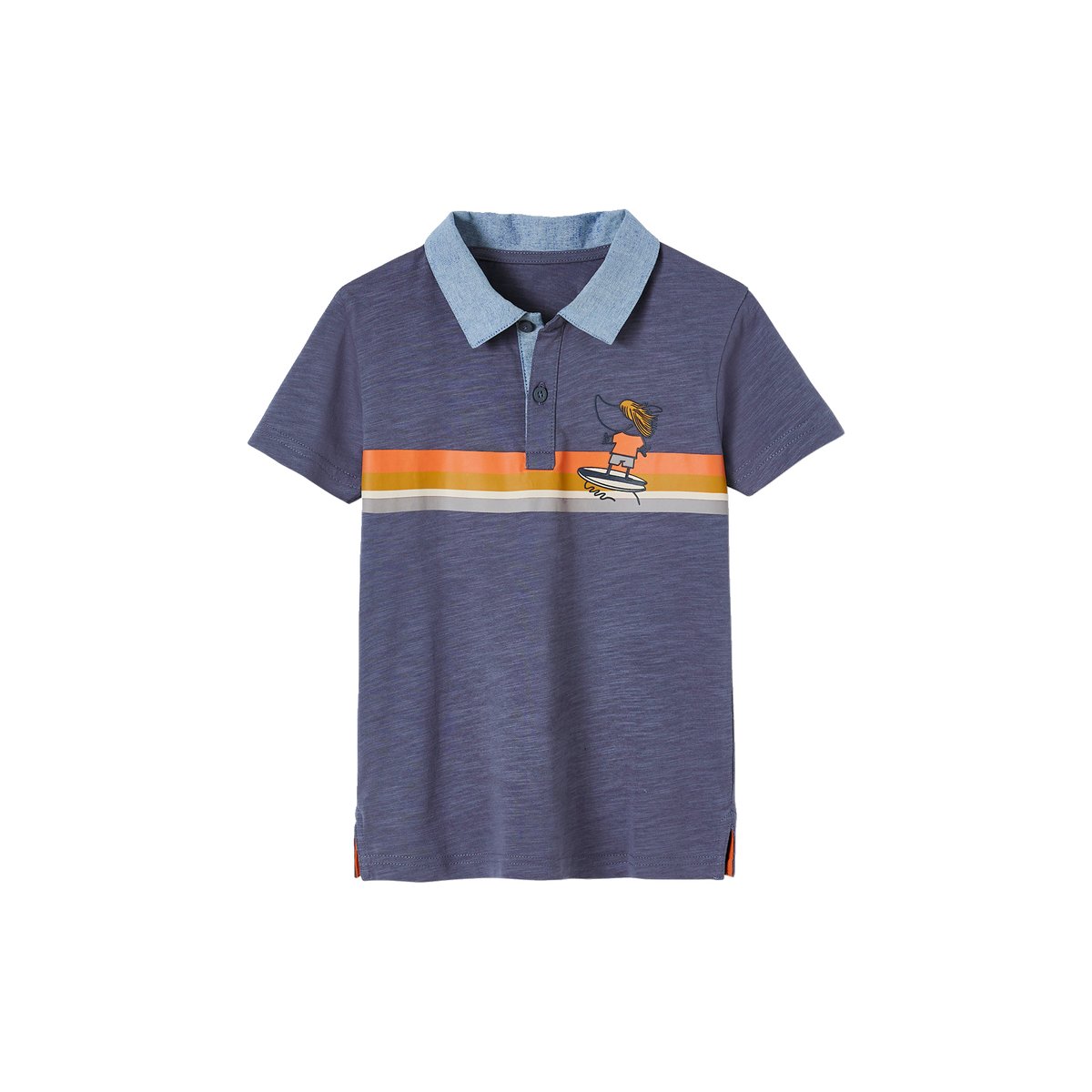 Polo à rayures placées détails en chambray bleu ardoise, VERTBAUDET