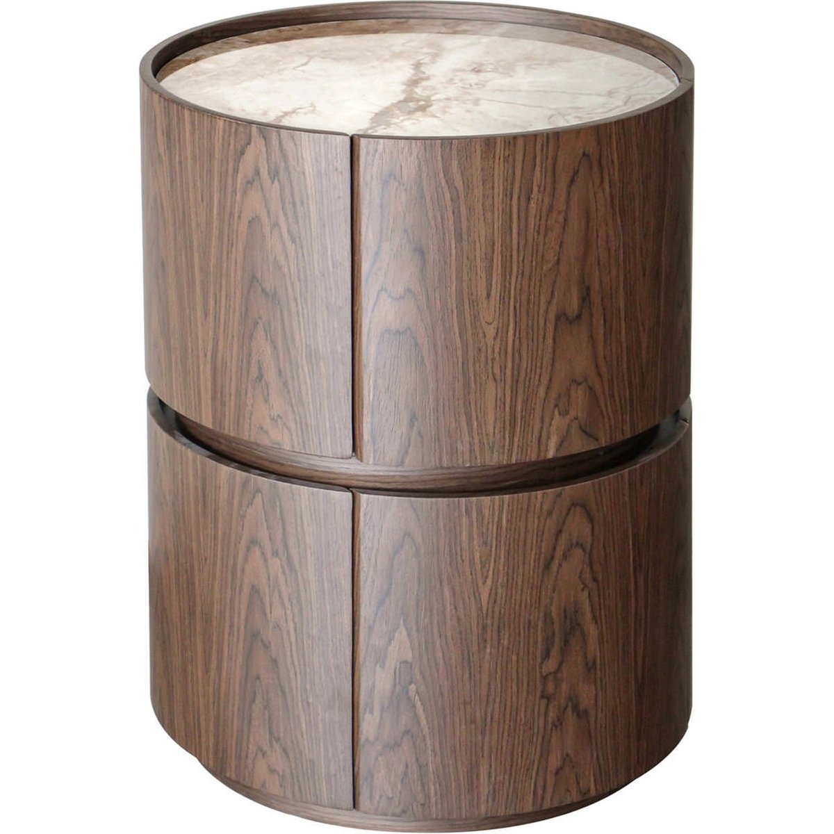 Table de chevet ronde 2 tiroirs en bois marron brun avec plateau céramique beige veiné, RECOLLECTION