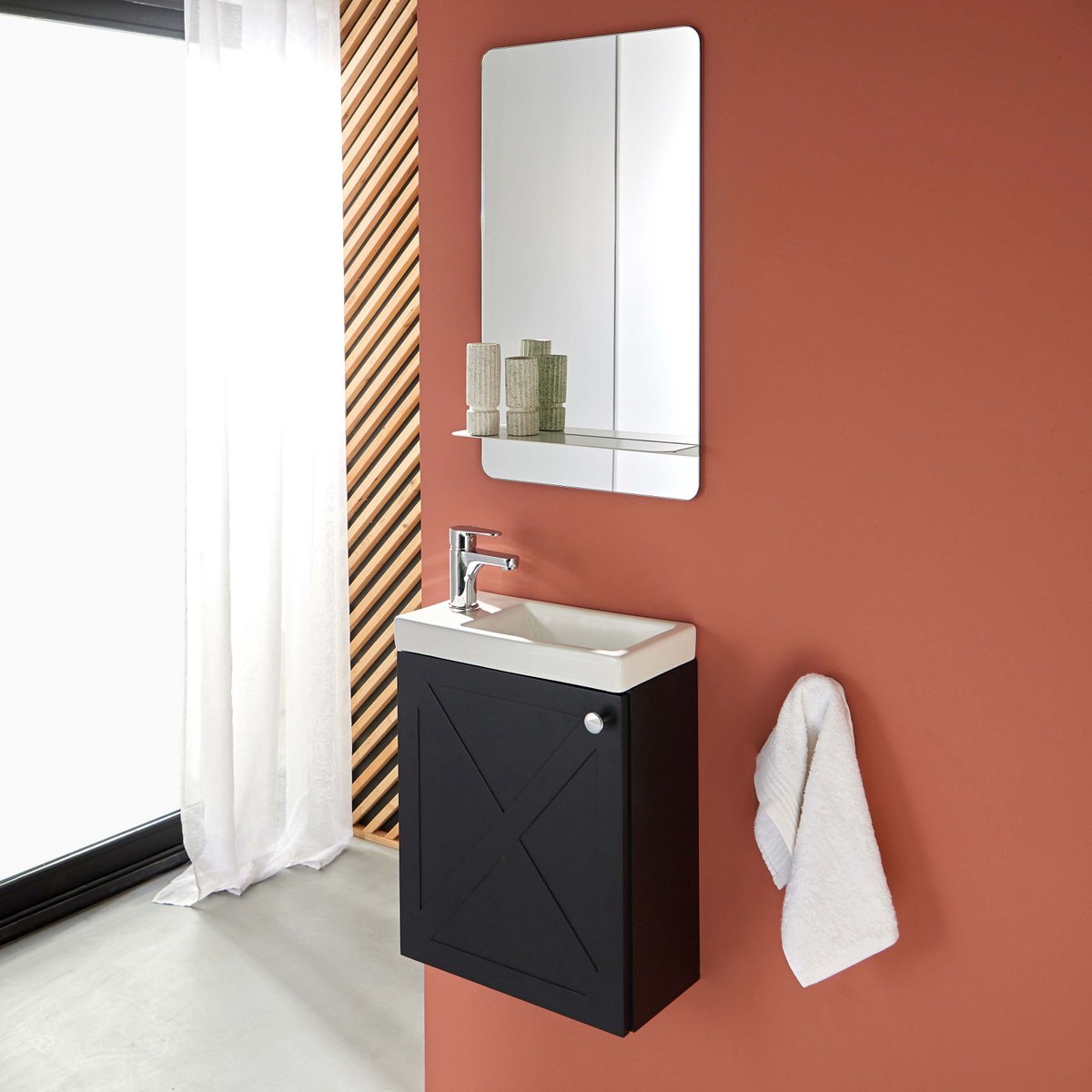 Ensemble meuble lave-mains+miroir+robinet AVA noir carbone, MOB IN