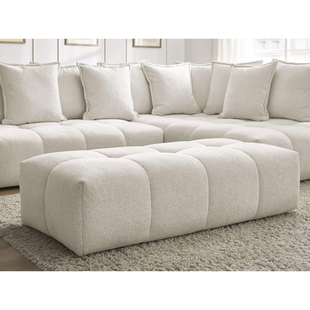 Canapé d'angle convertible 4 places en tissu chiné avec pouf, EVEREST blanc, BOBOCHIC