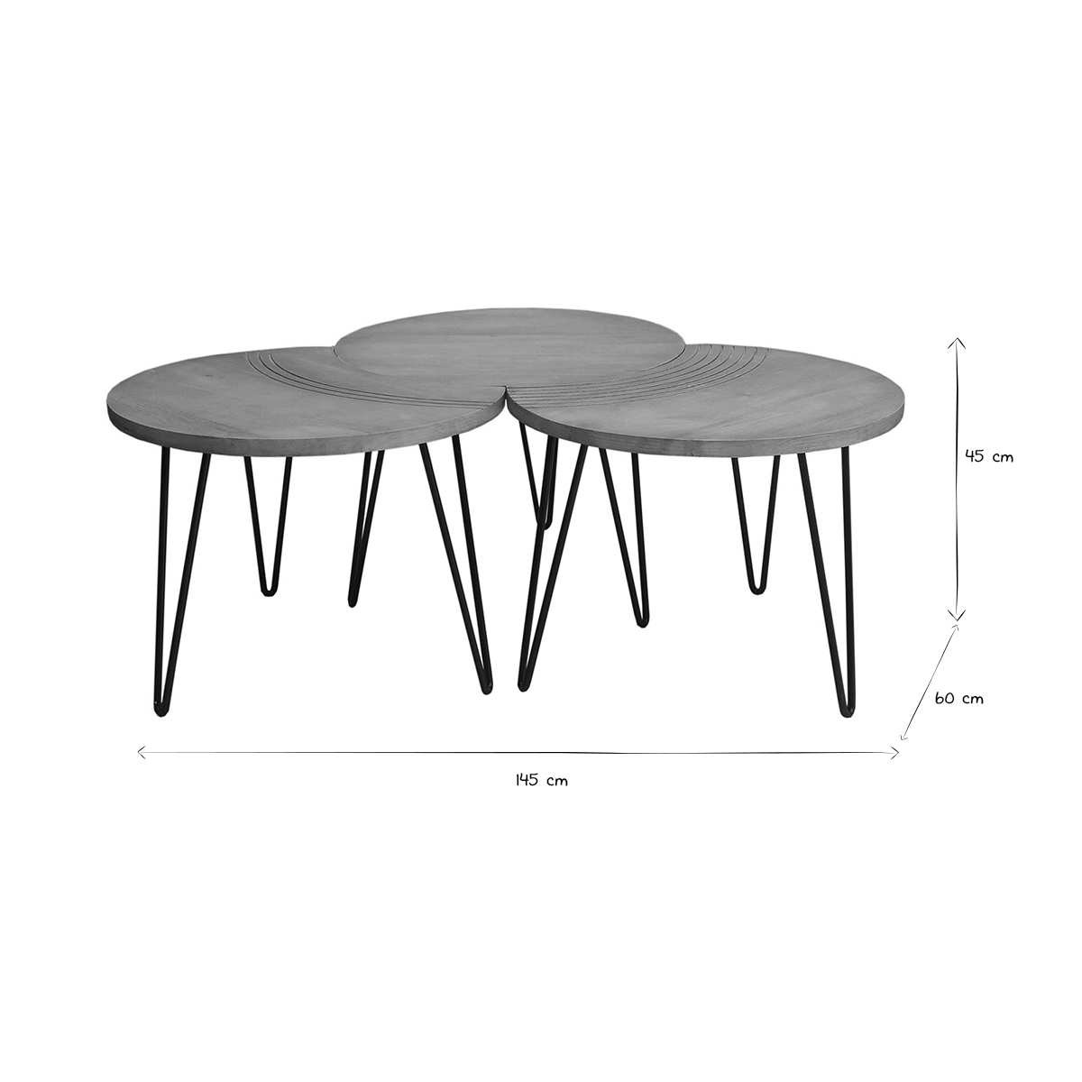 Tables basses gigognes gravées bois manguier massif et métal noir (lot de 3) VIBES naturel, MILIBOO