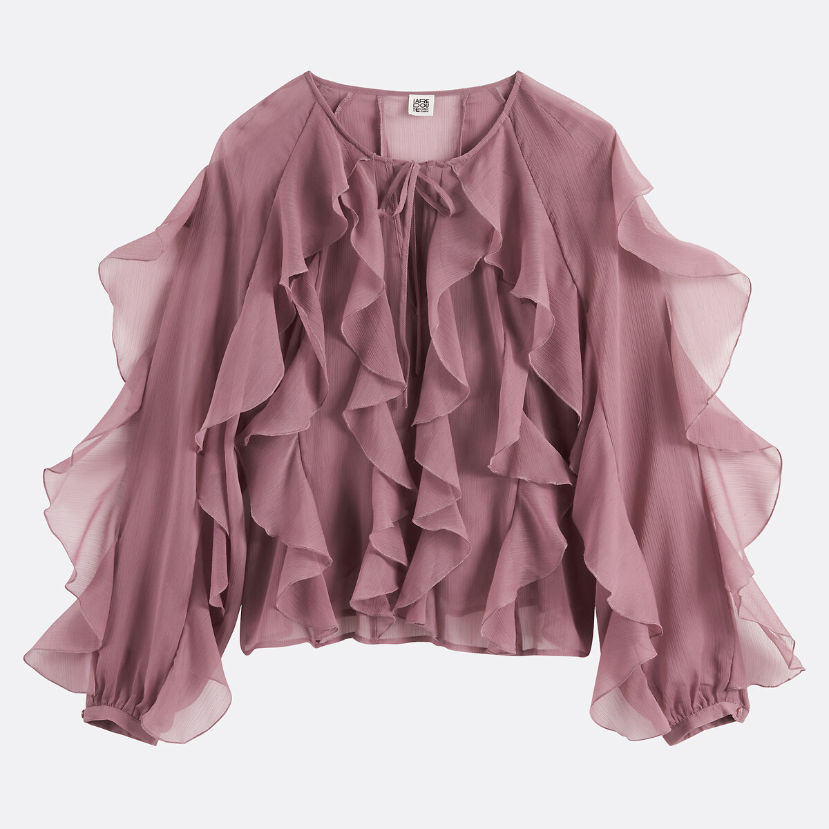 Chemise col rond, volantée, manches longues rose poudré, LA REDOUTE COLLECTIONS