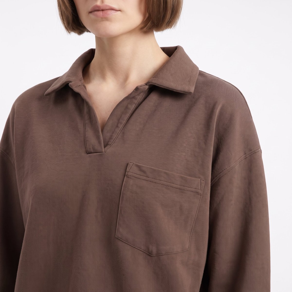 Sweat col polo ouvert poche plaquée manches longues TEMELIS brown, ARTLOVE