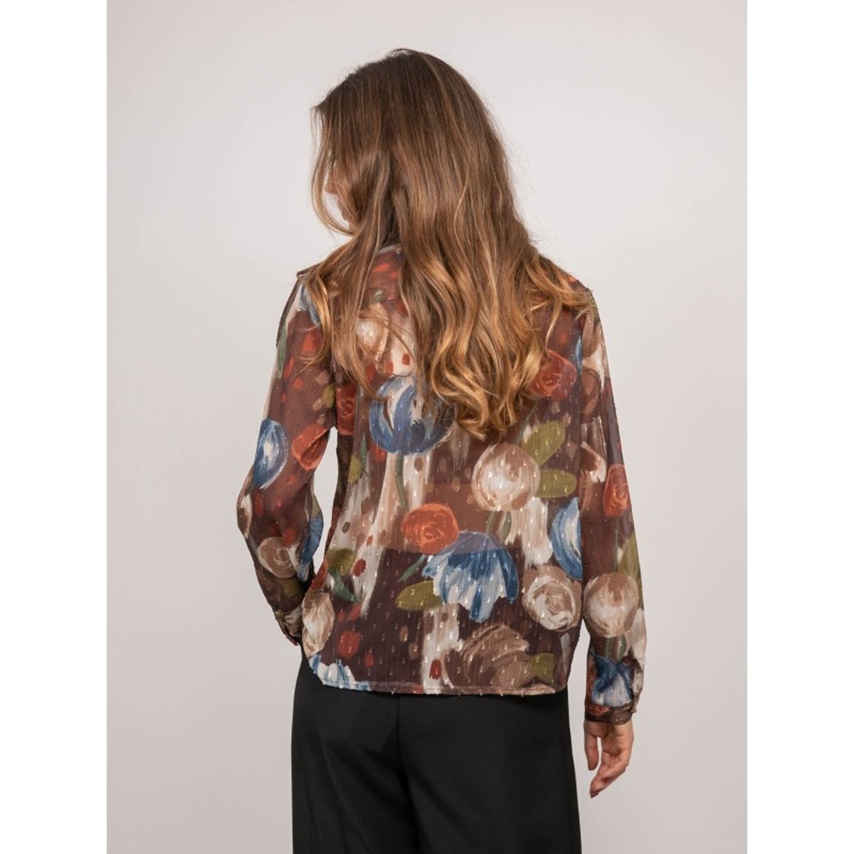 Chemise Transparente Motif Floral Oxelia marron, DONA LISA