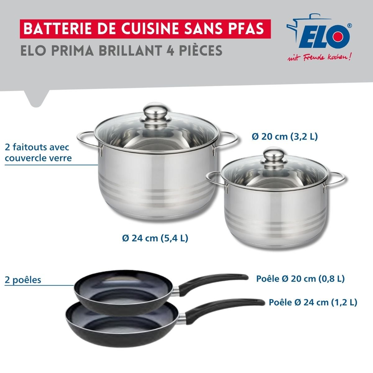 Batterie 2 poêles 20/24cm + 2 faitouts 20/24cm PRIMA BRILLANT noir, ELO