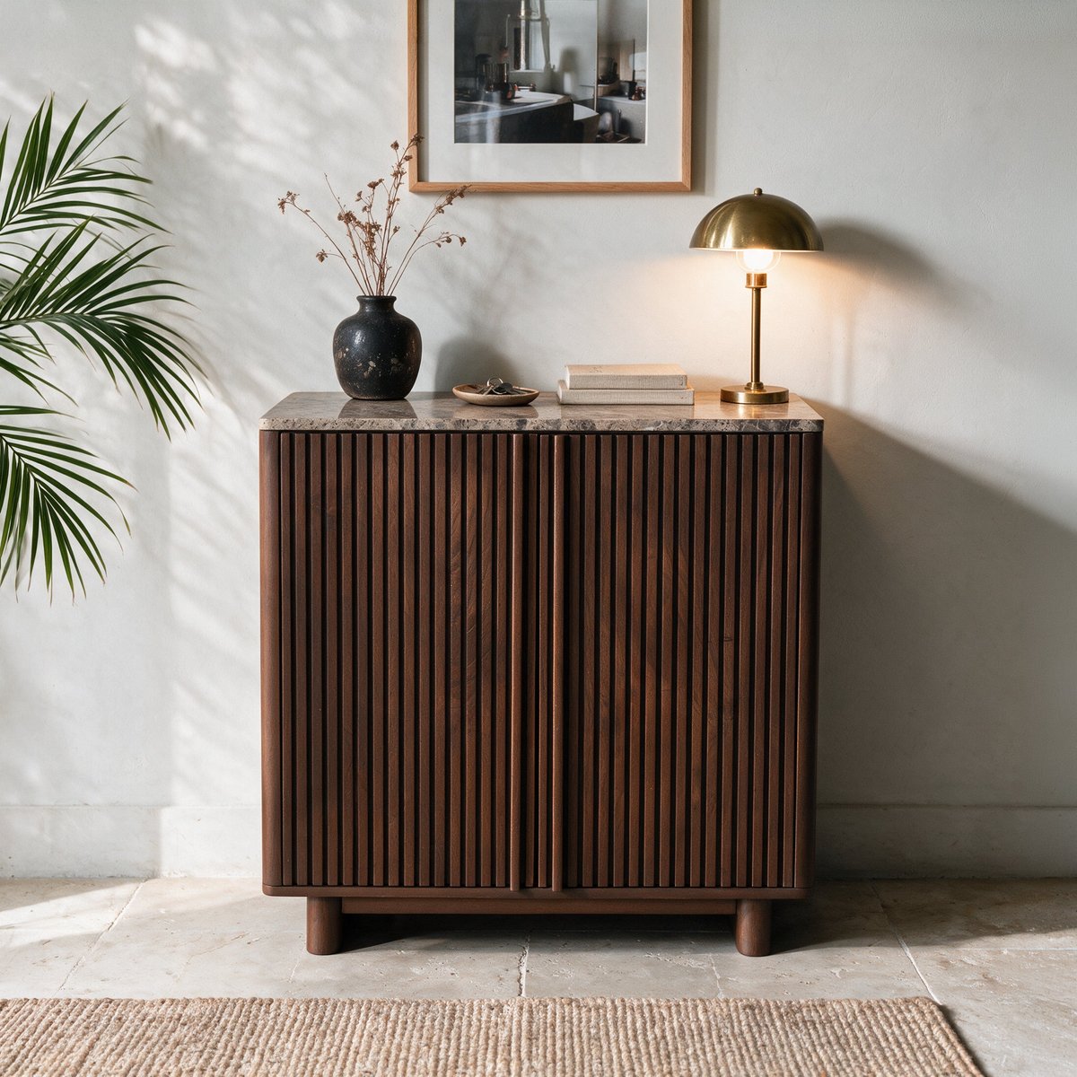 Petit buffet en bois de manguier et plateau en marbre - FLAVIO marron foncé, MAISON PAVANE