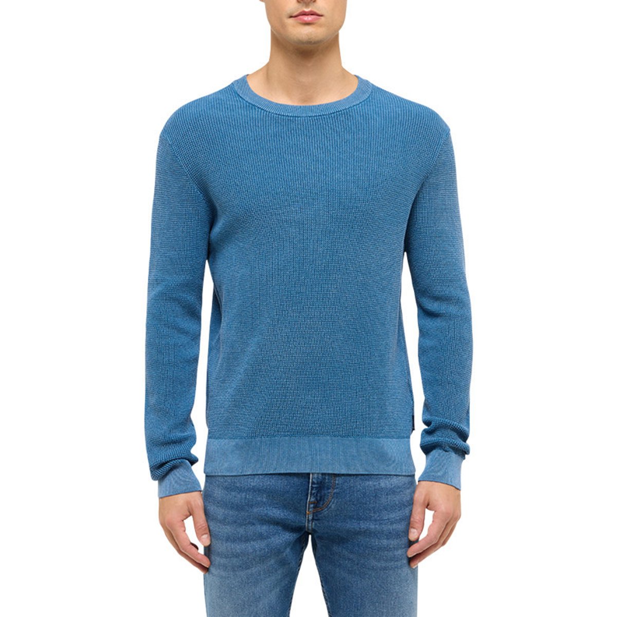 Pull en coton beige uni avec une coupe droite et un col rond bleu, MUSTANG