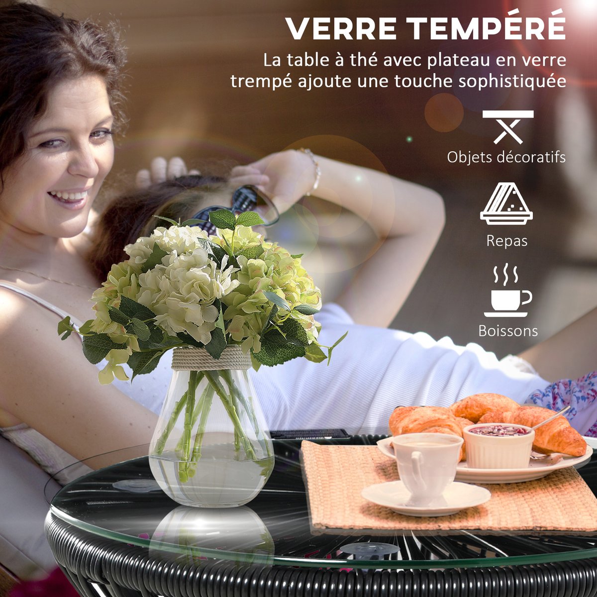 Table d'appoint en rotin Résine tressée noir, OUTSUNNY