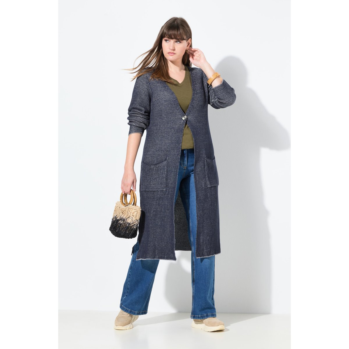 Cardigan long en coton bio marine, ULLA POPKEN