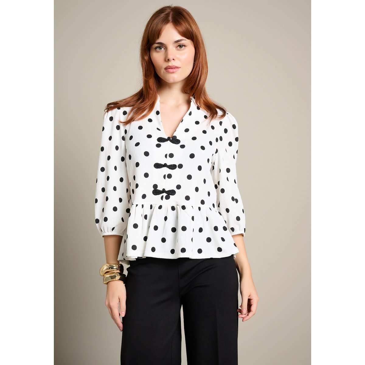 Top péplum à pois blanc casse, LOLALIZA