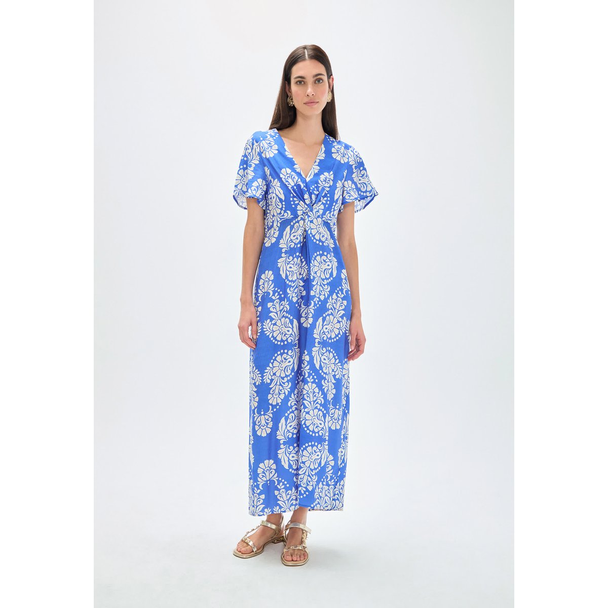 Robe longue imprimé paisley col en V ciel, LOLA CASADEMUNT