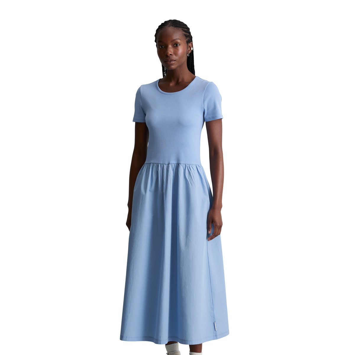 Robe en jersey flare avec jupe en popeline de coton bleu moyen, MARC O’POLO DENIM