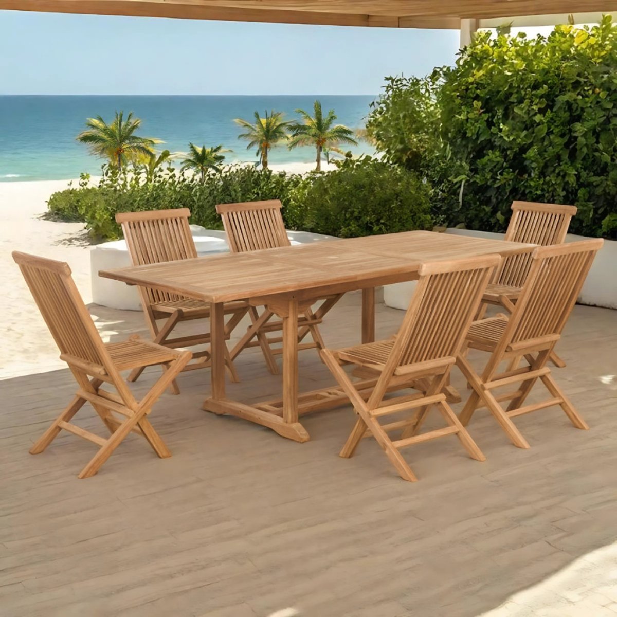Ensemble table de jardin extensible et 6 chaises pliantes en teck massif naturel, WANDA COLLECTION
